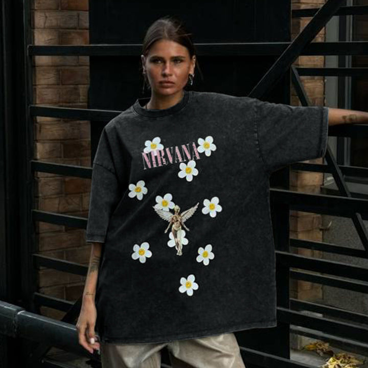 Damen Trendiges Oversized T-Shirt mit floralem Aufdruck Drune