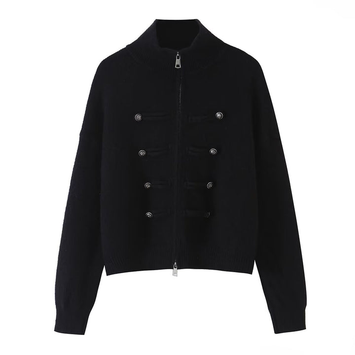 Damen Strickjacke mit Stehkragen, Reißverschluss und dekorativen Knotenblenden Drune