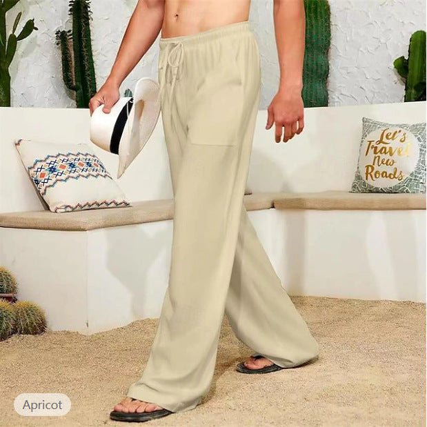 Herren weite Leinenhose mit Tunnelzug, aufgesetzten Seitentaschen und Relaxed-Fit Drune