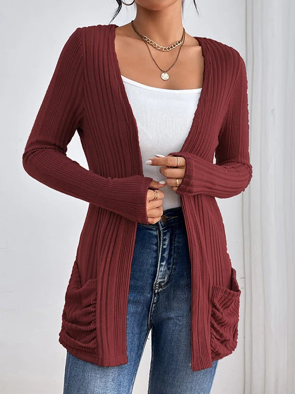 Damen Gerippter Langcardigan mit offener Front, Eingrifftaschen und legerer Passform Drune
