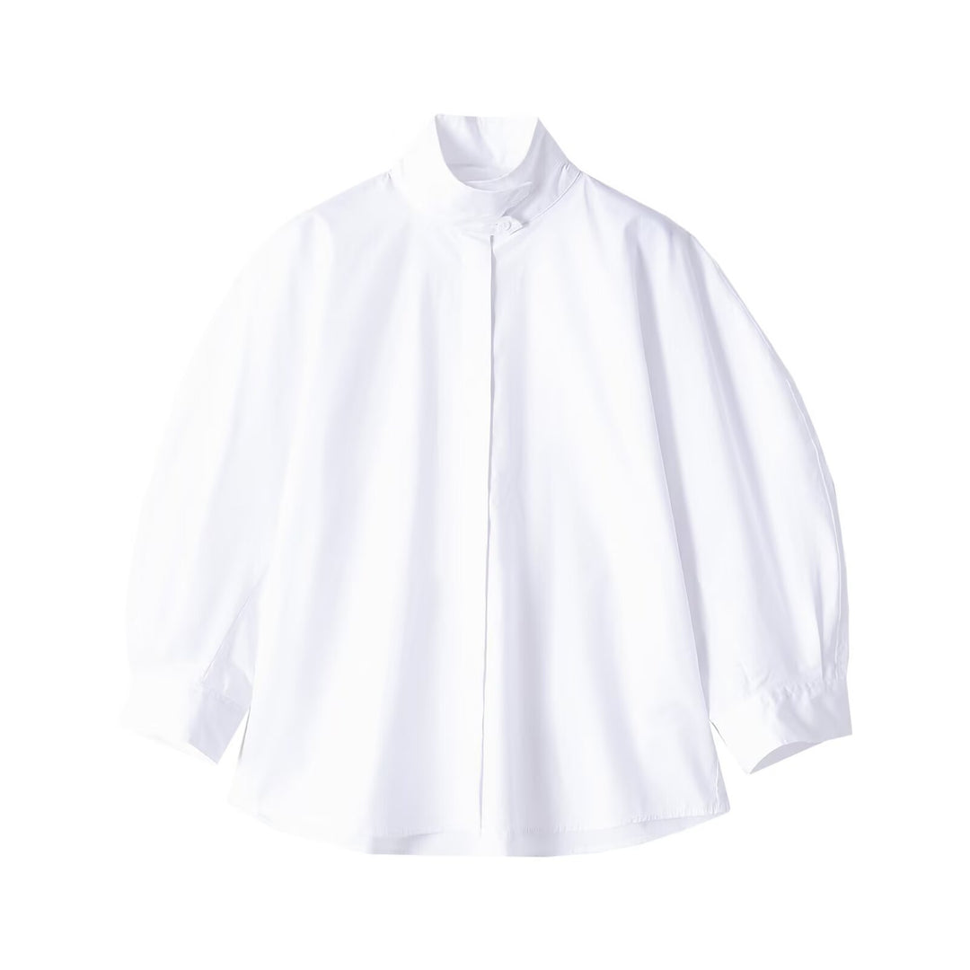Damen Oversize Bluse mit Stehkragen und verdeckter Knopfleiste Drune