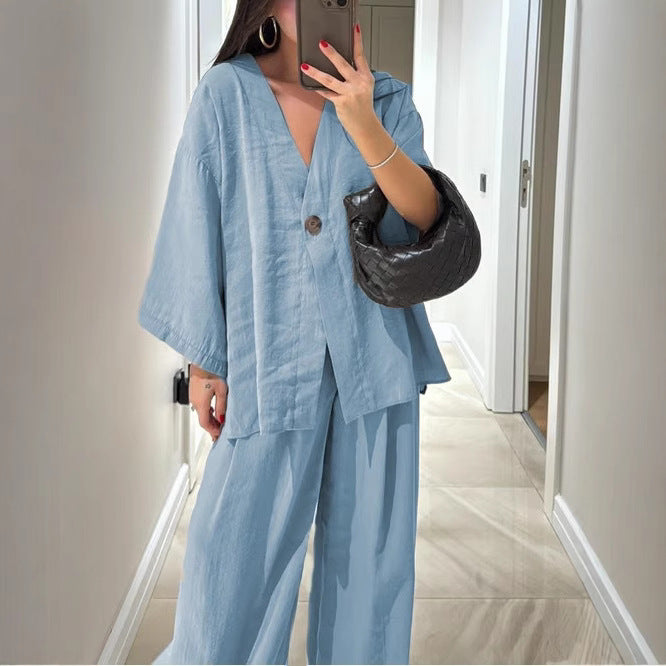 Damen nan lockeres Leinenoptik-Zweiteiler mit Kimono-Blazer und weitem Palazzo-Hose Drune