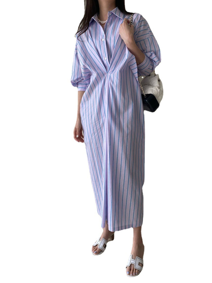 Damen Gestreiftes Hemdblusenkleid Maxi mit verdeckter Knopfleiste und Seitentaschen Drune