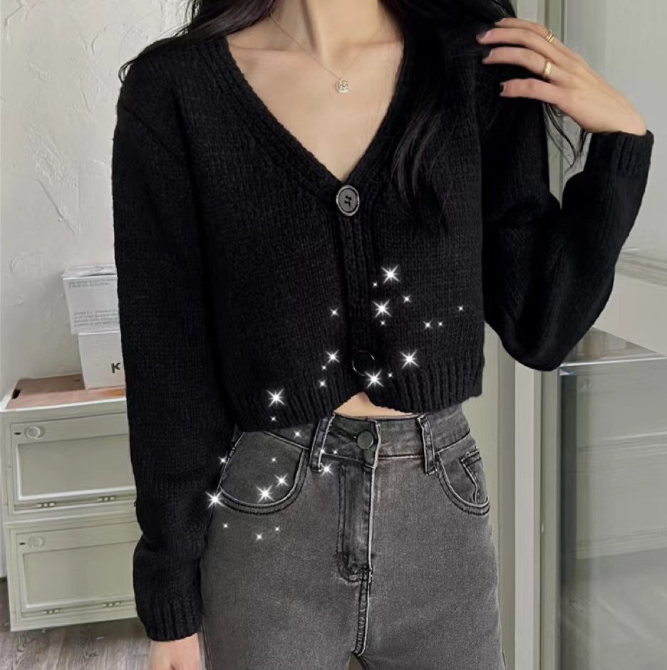 Damen komfortabler Strickcardigan mit V-Ausschnitt und Knopfdetail Drune