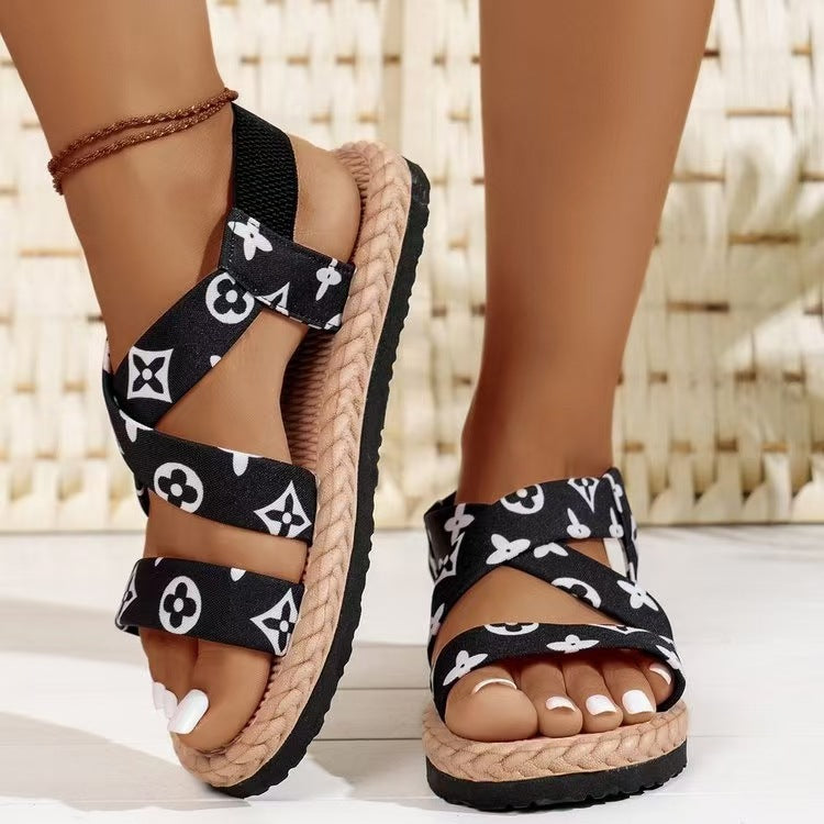 Damen nan flache Espadrille-Riemchensandalen mit geflochtenem Bastrand, elastischem Fersenband und gekreuzten Ethno-Riemen Drune