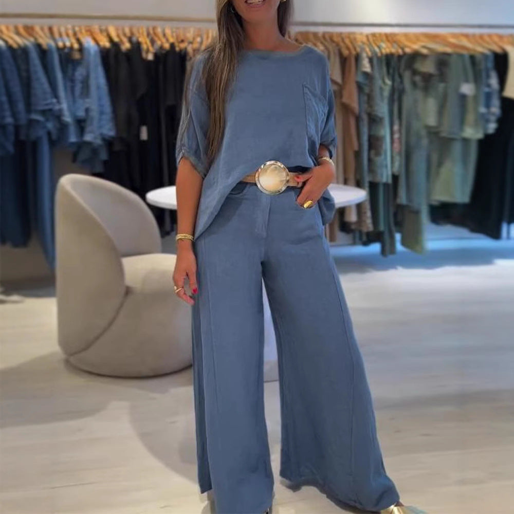 Damen nan lässiges Leinenmix-Zweiteiler mit kastigem Oversize-Top, aufgesetzter Brusttasche und weitem Palazzo-Hosenbein Drune
