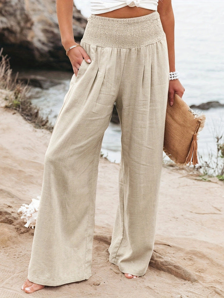 Damen Weite Leinenhose mit elastischem Bund und Falten Drune