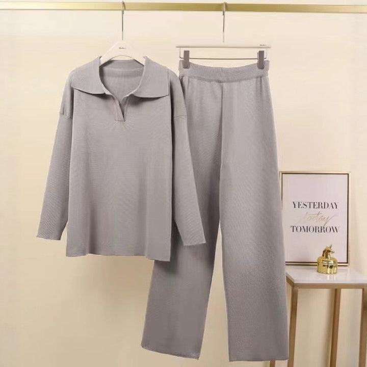 Damen Elegantes Freizeithosen- und Blusen-Set mit Kragen Drune