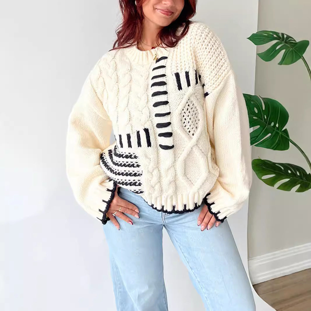 Damen Grobstrickpullover mit kreativem Patchwork-Design und lässigem Schnitt Drune