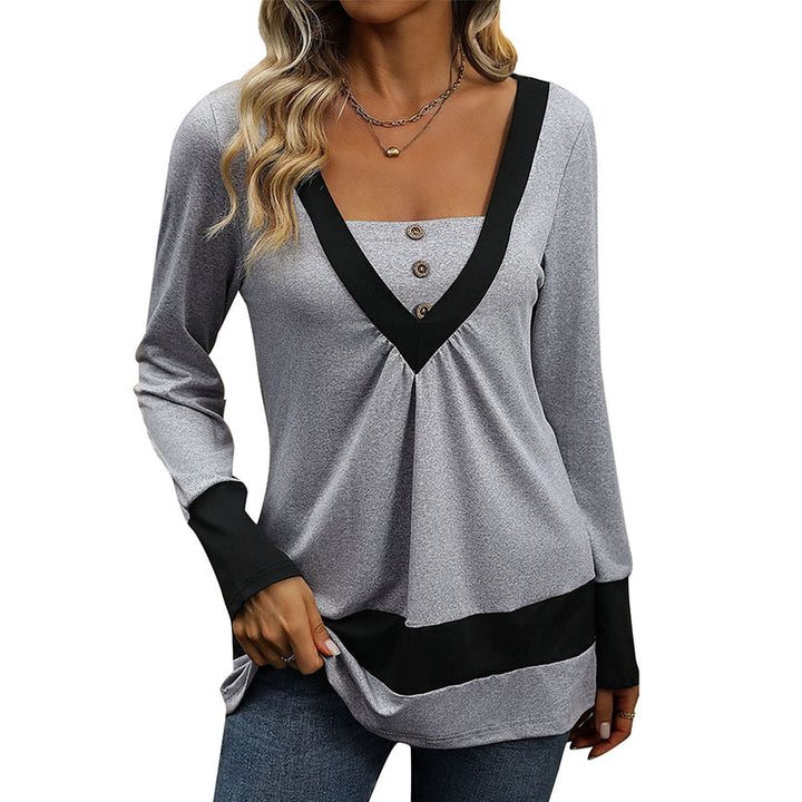 Damen Longsleeve mit tiefem V-Ausschnitt, Zierknopfleiste und Kontrastbordüren Drune