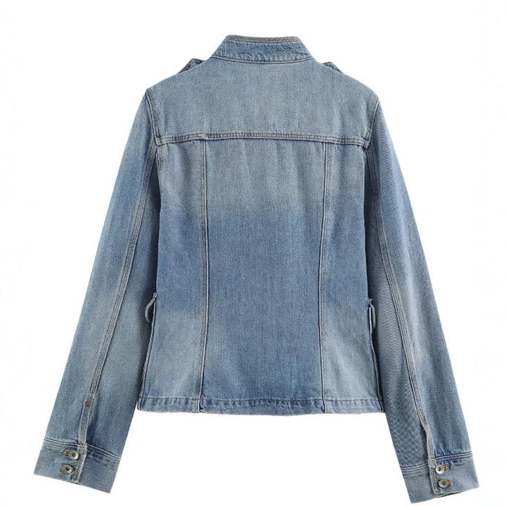 Damen Jeansjacke im Utility-Look mit Stehkragen, Pattentaschen und Schulterpatten Drune