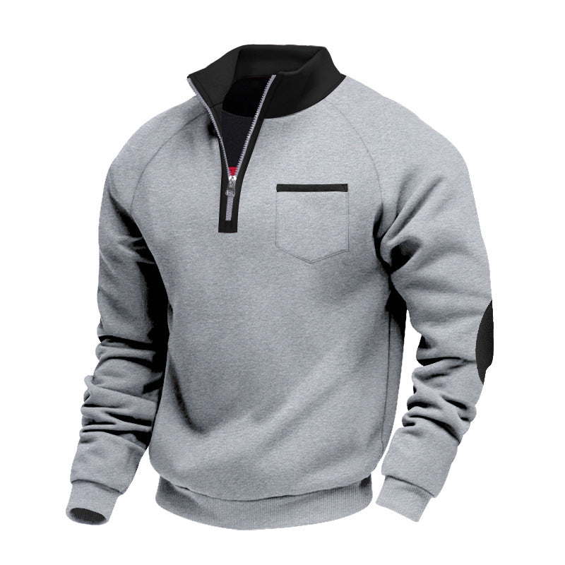 Herren Raglan-Halbzip-Sweatshirt mit Stehkragen, Brusttasche & Ellbogenapplikation Drune