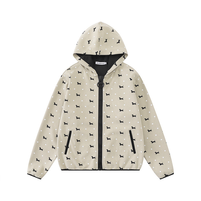 Damen Leichte Kapuzen-Zipjacke mit Hundesilhouette und Tupfen-Allover Drune