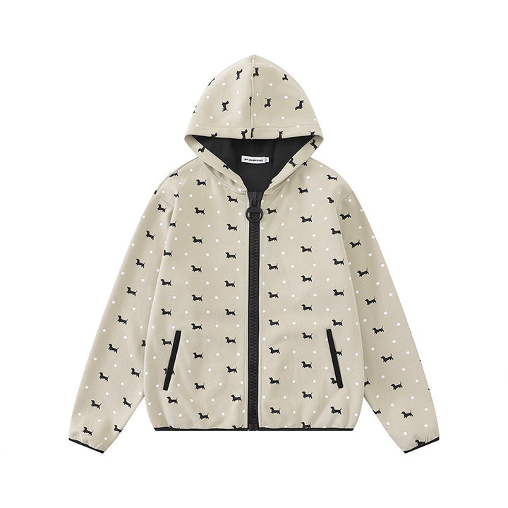 Damen Leichte Kapuzen-Zipjacke mit Hundesilhouette und Tupfen-Allover Drune