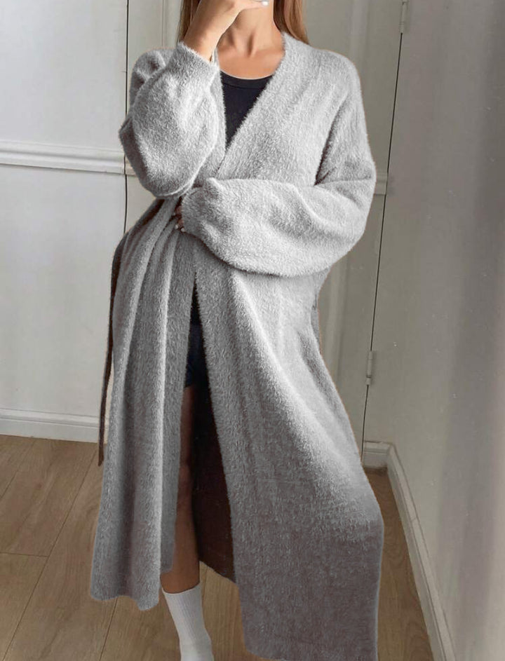 Damen Langer Wickel-Cardigan in Flausch-Optik mit Bindegürtel Drune