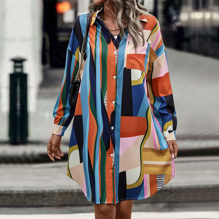 Damen Hemdblusenkleid mit buntem geometrischen Muster Drune