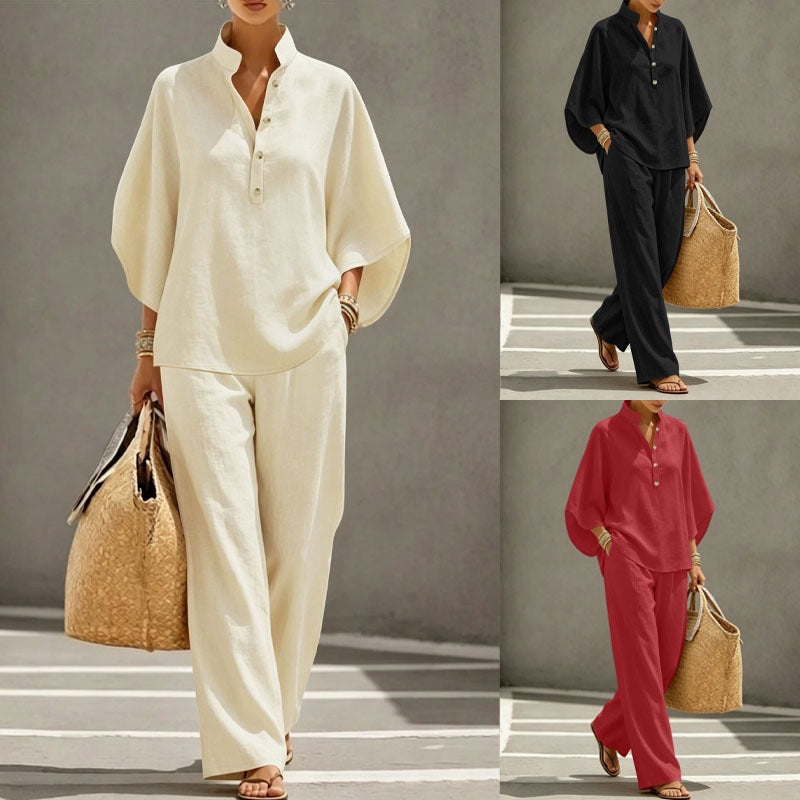 Damen Leichtes Jersey-Set mit Oversize-Henleybluse, Kimonoärmeln und weiter Bundhose Drune