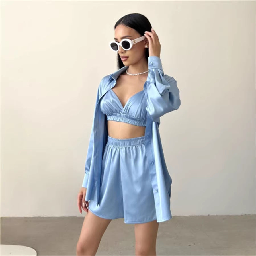 Damen modisches Set aus glattem Blusenoberteil und kurzer Hose Drune