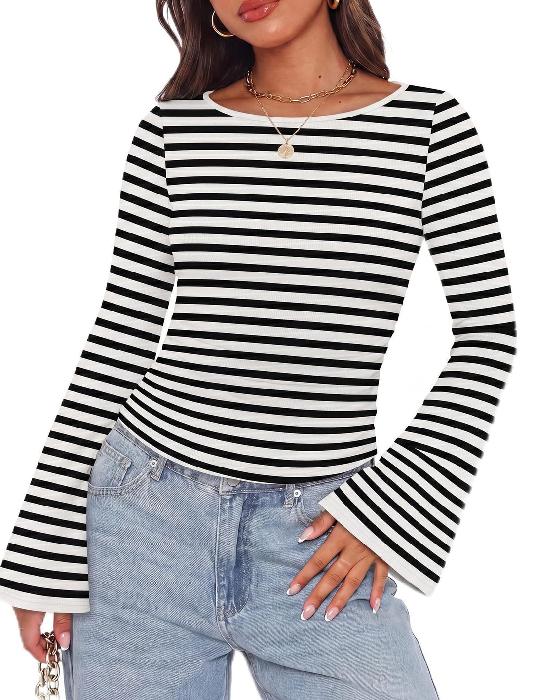 Damen Geripptes Langarmshirt mit Raffung, Trompetenärmeln und Kontrastbesatz Drune