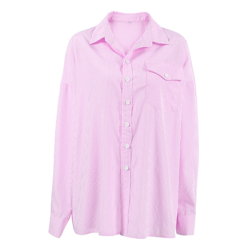 Damen gestreifte Oversized-Hemdbluse mit Brusttasche und lässigem Schnitt Drune