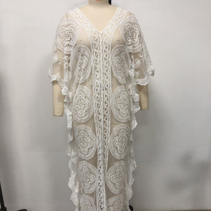 Damen Elegantes Häkel-Strandüberwurfkleid mit voluminösen Ärmeln und V-Ausschnitt Drune