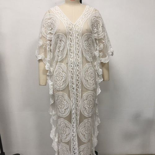 Damen Elegantes Häkel-Strandüberwurfkleid mit voluminösen Ärmeln und V-Ausschnitt Drune