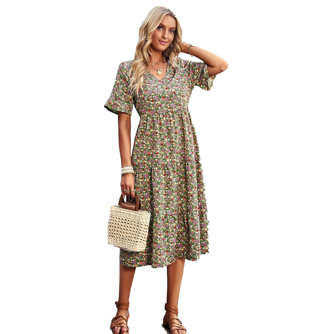 Damen Midi-Kleid mit Floralem Muster und Verspieltem V-Ausschnitt Drune