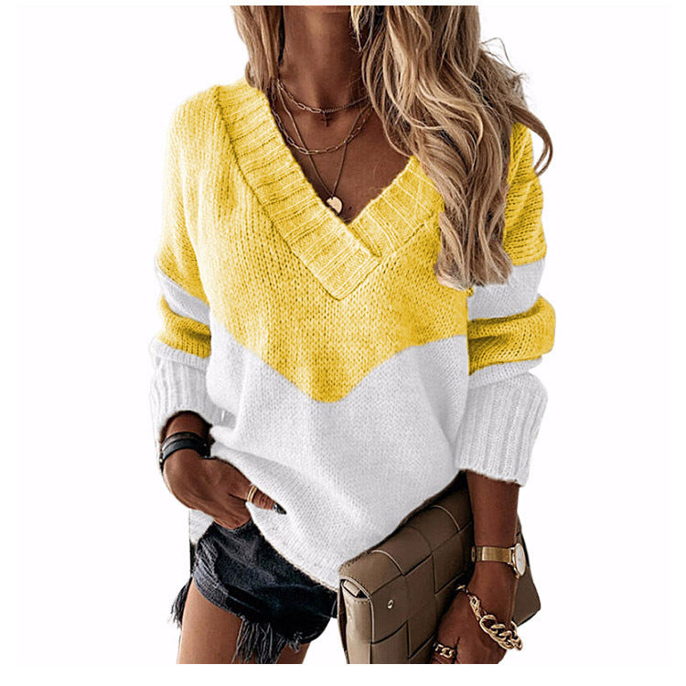 Damen nan V-Ausschnitt Strickpullover mit Chevron-Muster und Oversize-Schnitt Drune