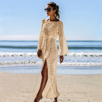 Damen Luftiges Häkel-Strandkleid mit langen Ärmeln und seitlichem Schlitz Drune