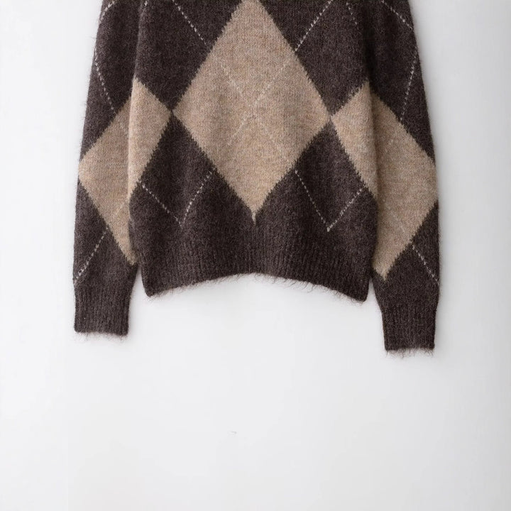 Damen 40+ weicher Mohair‑Mix Pullover mit weitem Rollkragen und Argyle‑Muster Drune