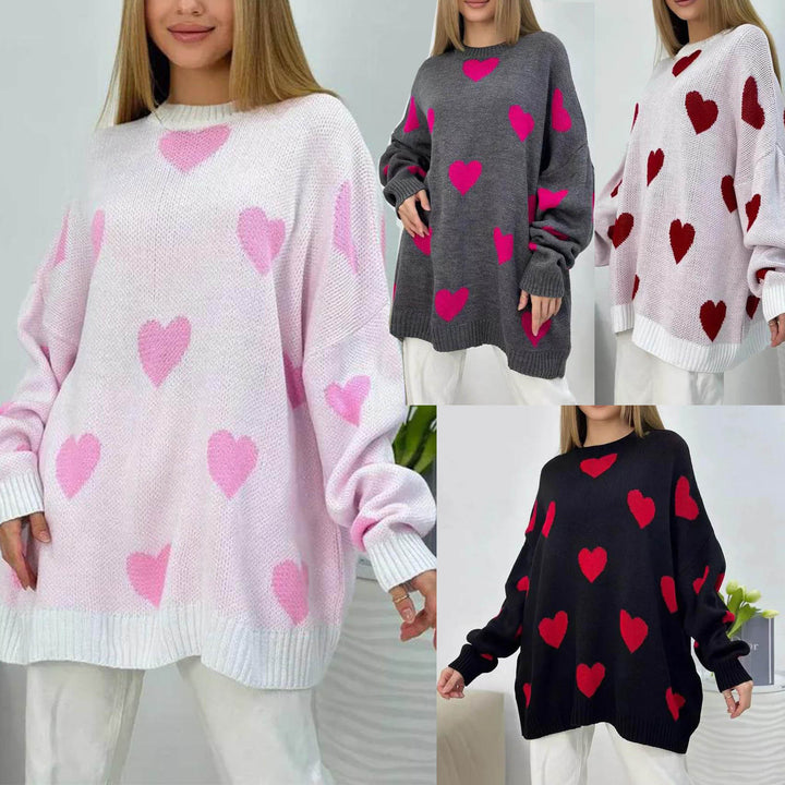 Damen Oversize Strickpullover mit Herz‑Motiv, Rippbündchen & weiter Silhouette Drune