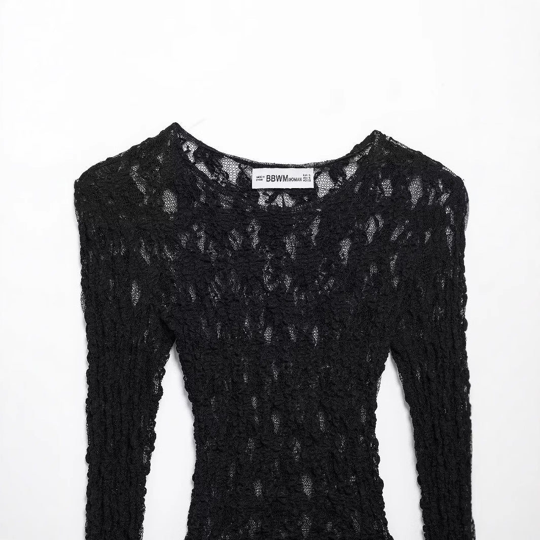 Damen nan semitransparentes Spitzenshirt langarm Slim-Fit mit Muschelkante Drune