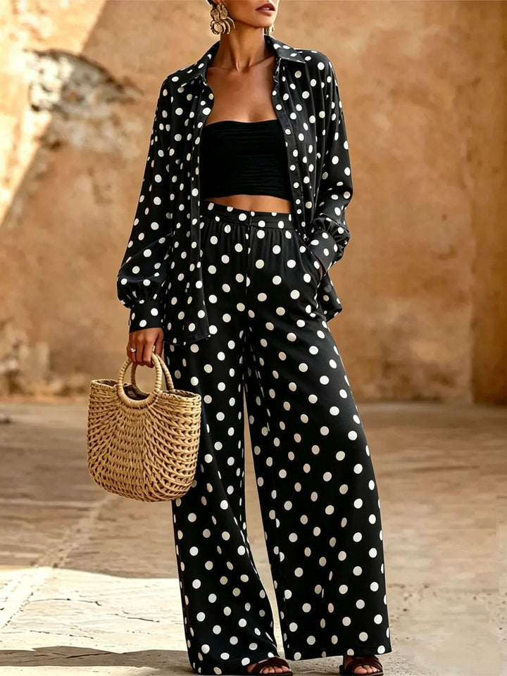 Damen Zweiteiliges Punkte-Loungewear-Set mit weitem Hemd und Palazzo-Hose Drune