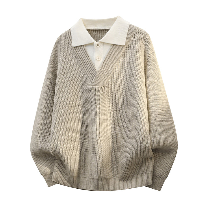 Herren Grobstrick-Pullover mit tiefem V-Ausschnitt und kontrastierendem Polokragen Drune