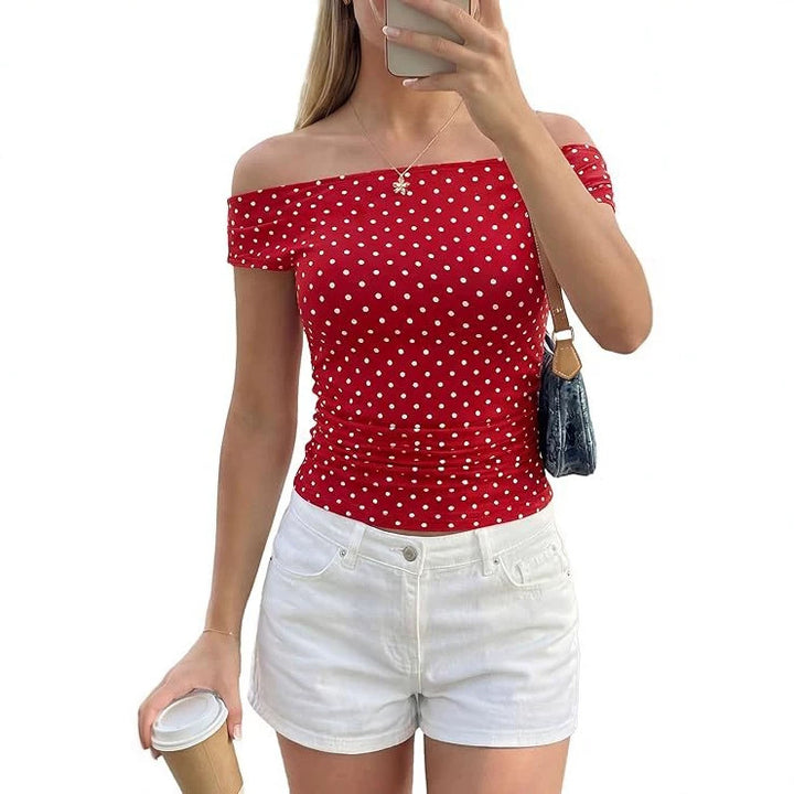 Damen Schulterfreies tailliertes Polka‑Dot Top mit geraffter Seitennaht Drune