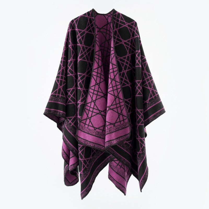 Damen Wendbarer Jacquard-Capeponcho mit geometrischem Allovermuster und offenem Kimono-Fall Drune