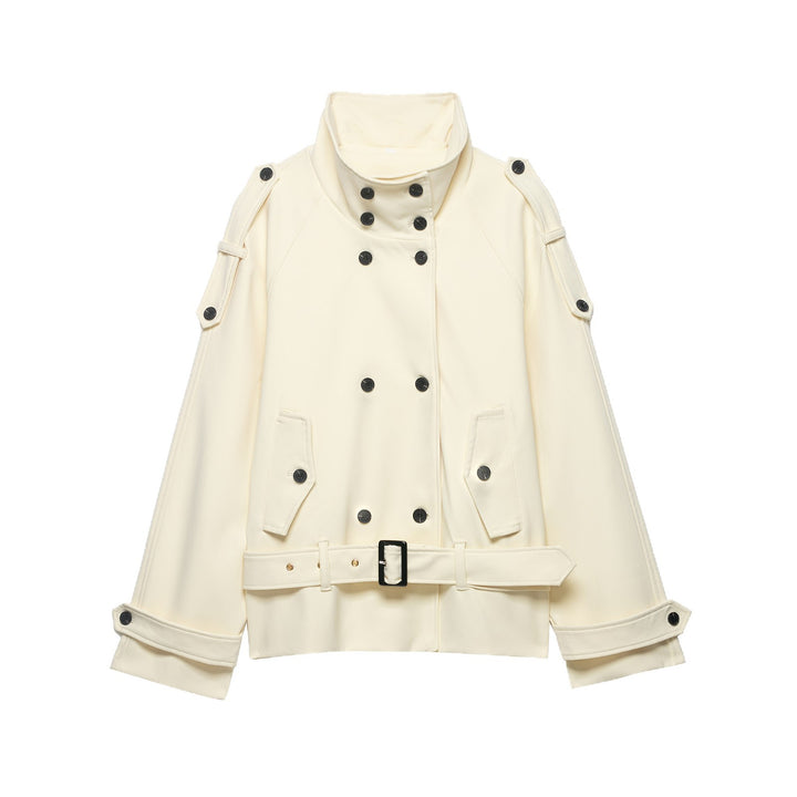 Damen Kurzer Doppelreiher-Mantel mit Cape-Ärmeln und Taillengürtel Drune