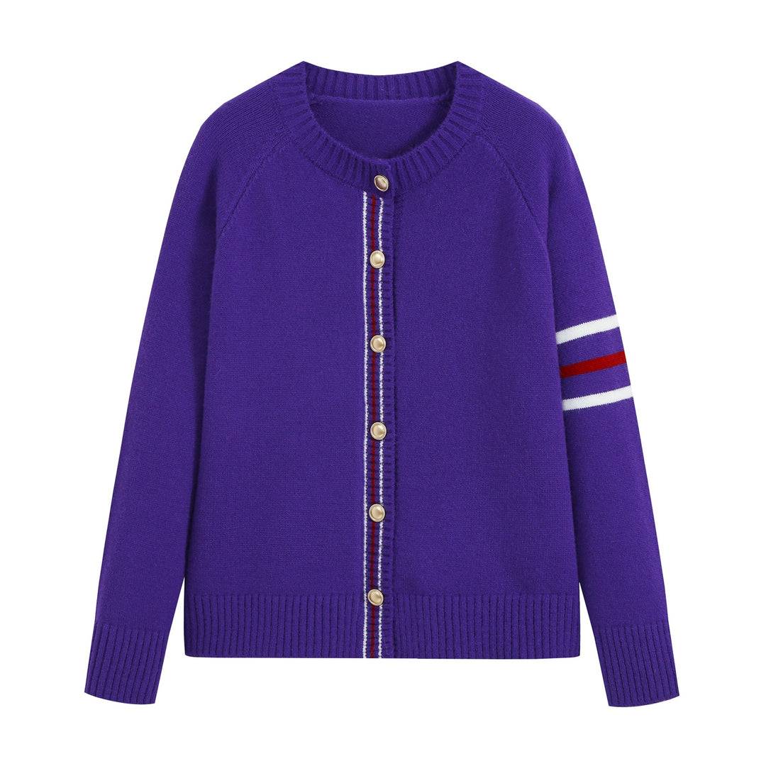 Damen Lässiger Rippstrick‑Cardigan mit Goldknöpfen und sportiven Ärmelstreifen Drune