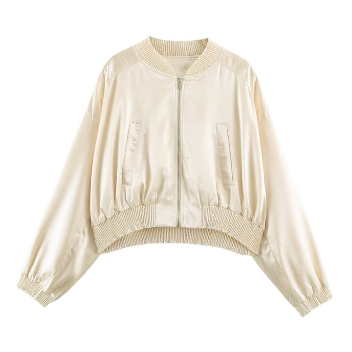 Damen Seidiger Cropped Bomber mit gerafftem Saum, Raglanärmeln und Eingrifftaschen Drune