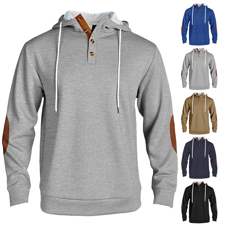 Herren nan Kapuzenpullover im puristischen Freizeitstil mit Henley-Knopfleiste, kontrastierter Kapuzeninnenseite und Ellenbogenaufnähern Drune