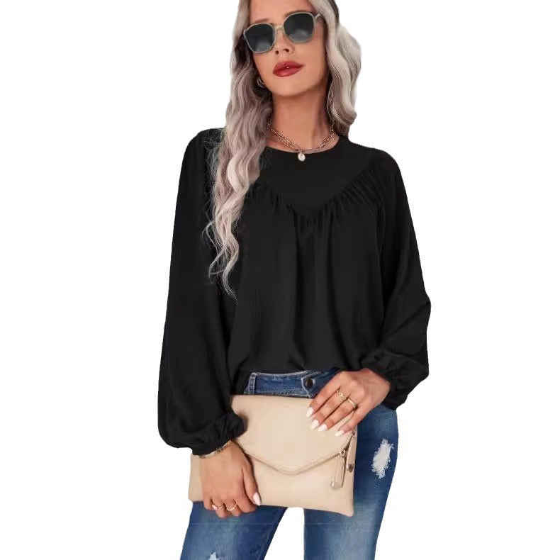 Damen lässiges Blusenshirt mit weit ausgestellten Ärmeln und feiner Rippstruktur Drune