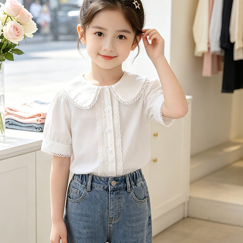 Mädchen Bluse mit elegantem Kragen und Spitzenverzierung Drune