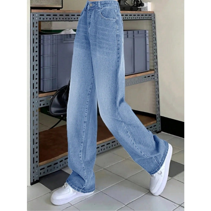Damen weite High-Waist Baggy-Jeanshose mit geradem Bein Drune