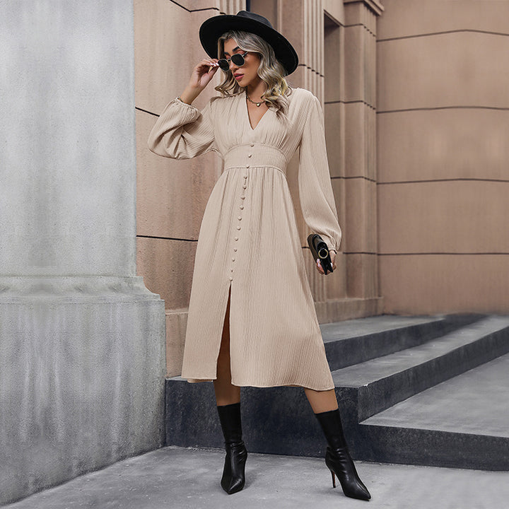 Damen Midikleid mit V-Ausschnitt, plissierter Crinkle-Optik, taillierter Passe & mittiger Knopfleiste Drune