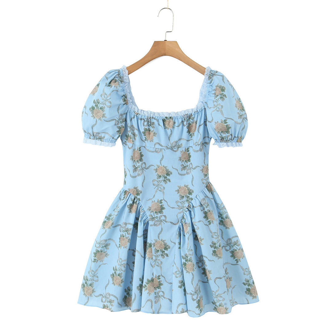 Damen Blumenkleid mit Puffärmeln und Rüschen Drune