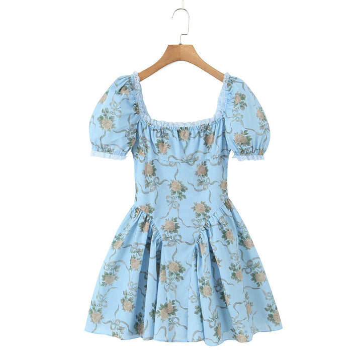 Damen Blumenkleid mit Puffärmeln und Rüschen Drune