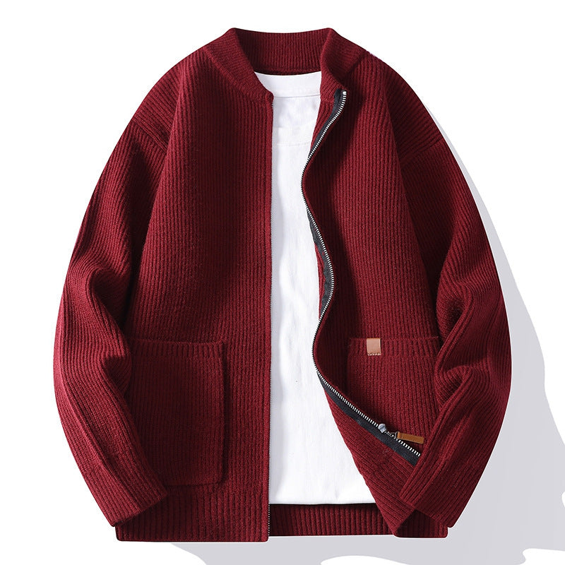 Herren Strukturierte Bomber-Strickjacke mit durchgehendem Metallreißverschluss und aufgesetzten Taschen Drune
