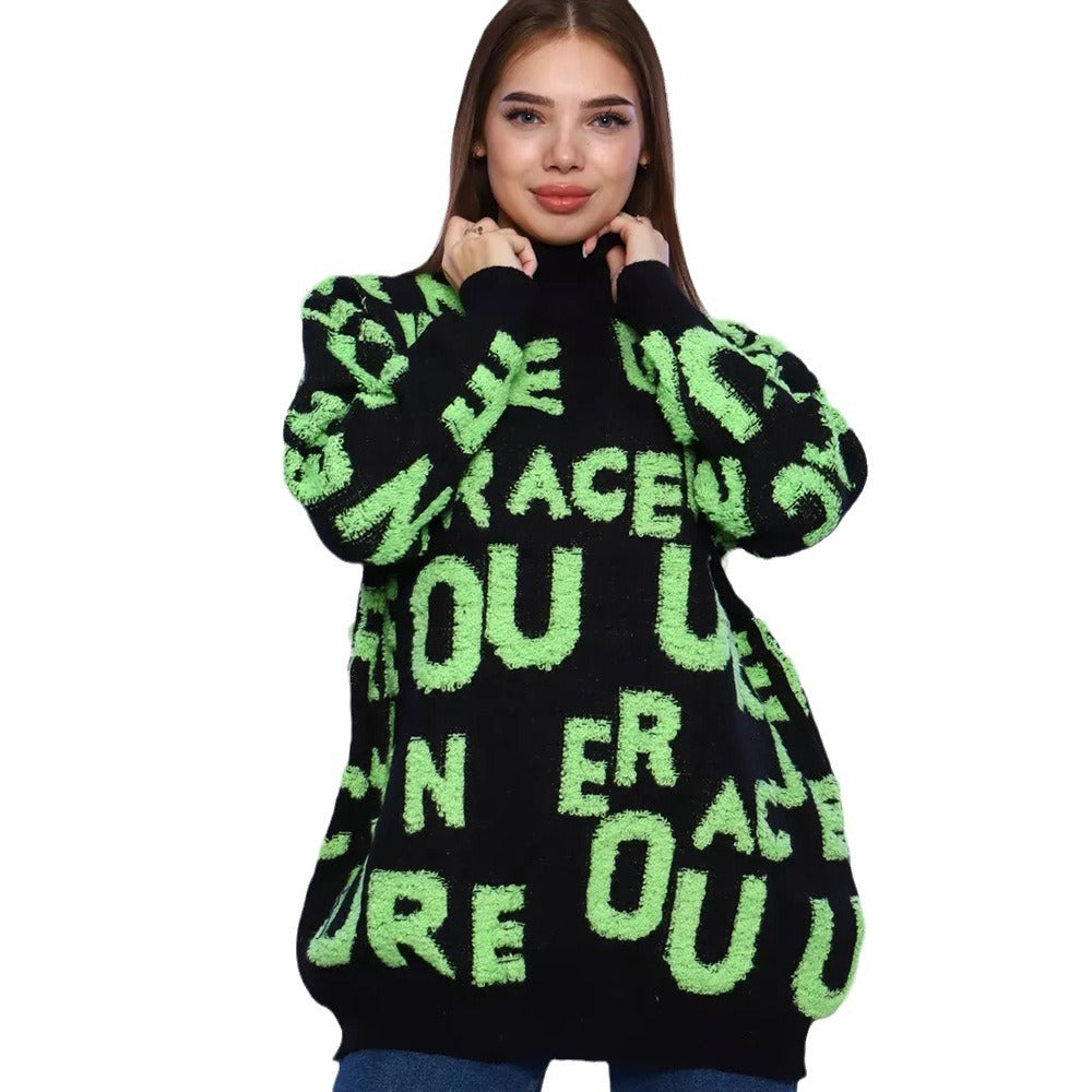 Damen Grobstrickpullover mit auffälligem Schriftzug und hohem Kragen Drune