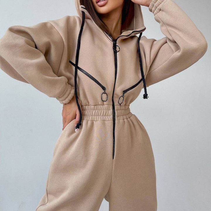 Damen taillierter Kapuzen-Jumpsuit mit elastischem Bund und markanten Kontrast-Reißverschlüssen Drune