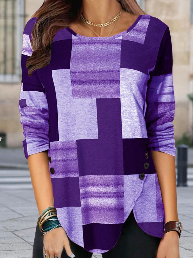 Damen gemustertes Langarm-Tunika-Shirt mit asymmetrischem Saum und dekorativer Knopfleiste Drune
